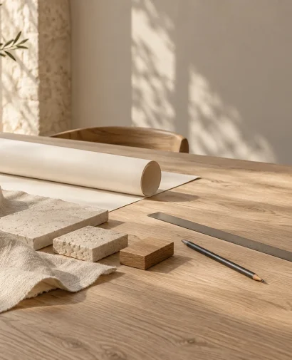 Muestras de piedra, madera y lino sobre una mesa de trabajo para planificar una reforma.