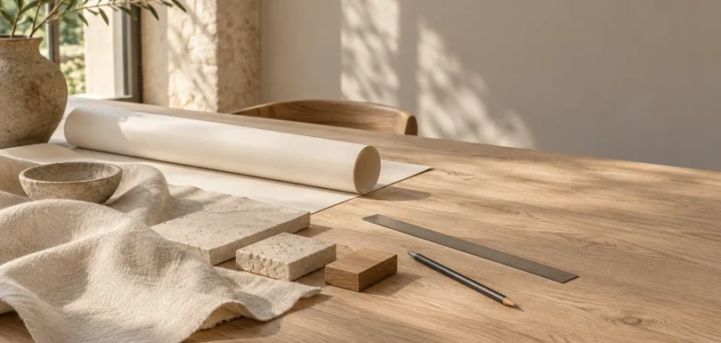 Muestras de piedra, madera y lino sobre una mesa de trabajo para planificar una reforma.